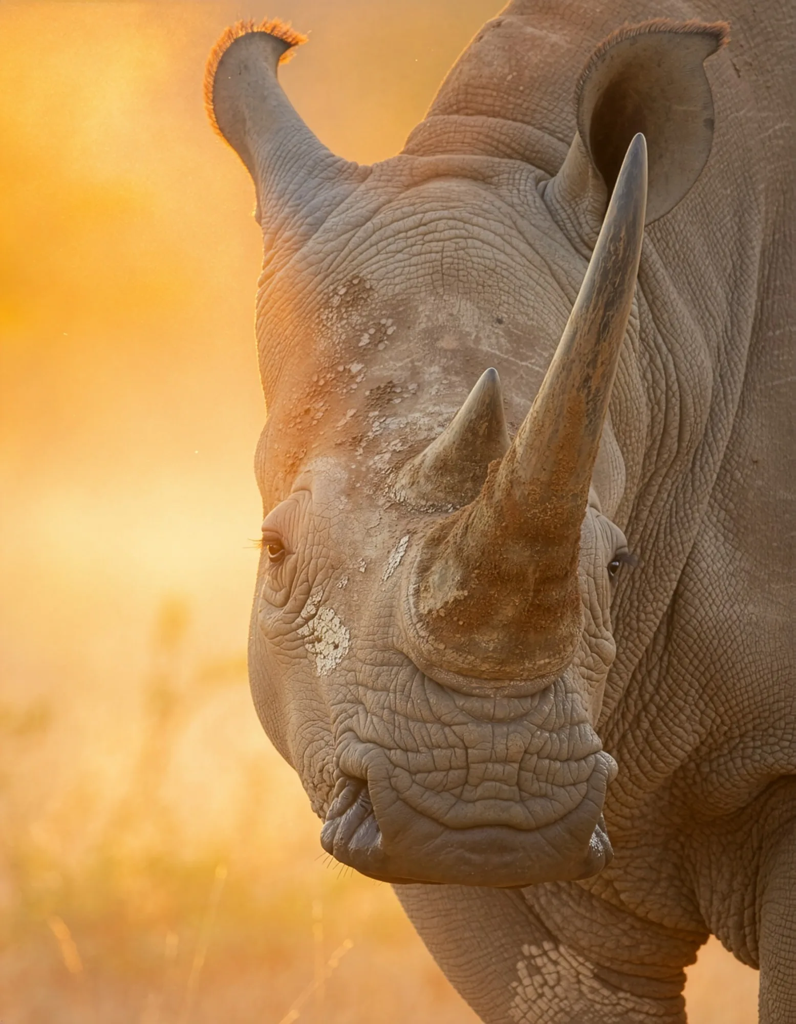 AI-generated close portrait of a white rhino lit by golden dust