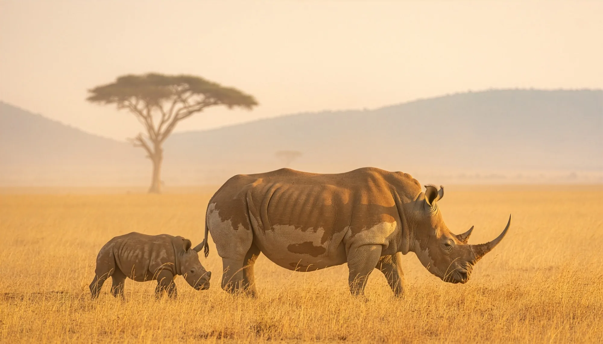 AI-generated image of a rhino and her calf crossing golden savanna below an acacia