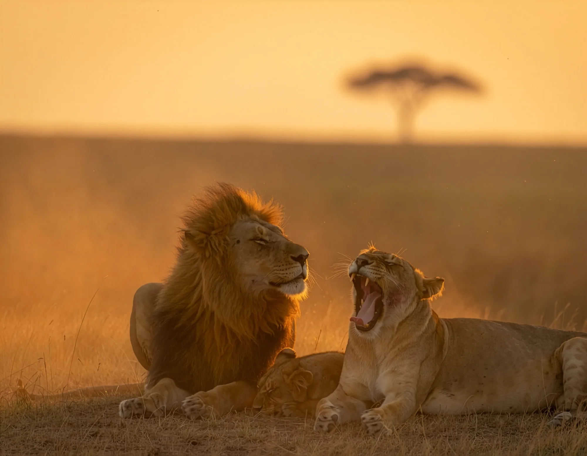 AI-generated image of a lion and a yawning lioness resting in the grass at dusk