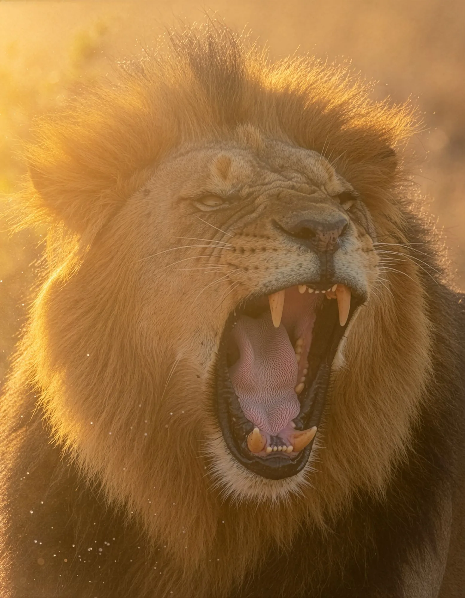 AI-generated close portrait of a roaring male lion in warm backlight