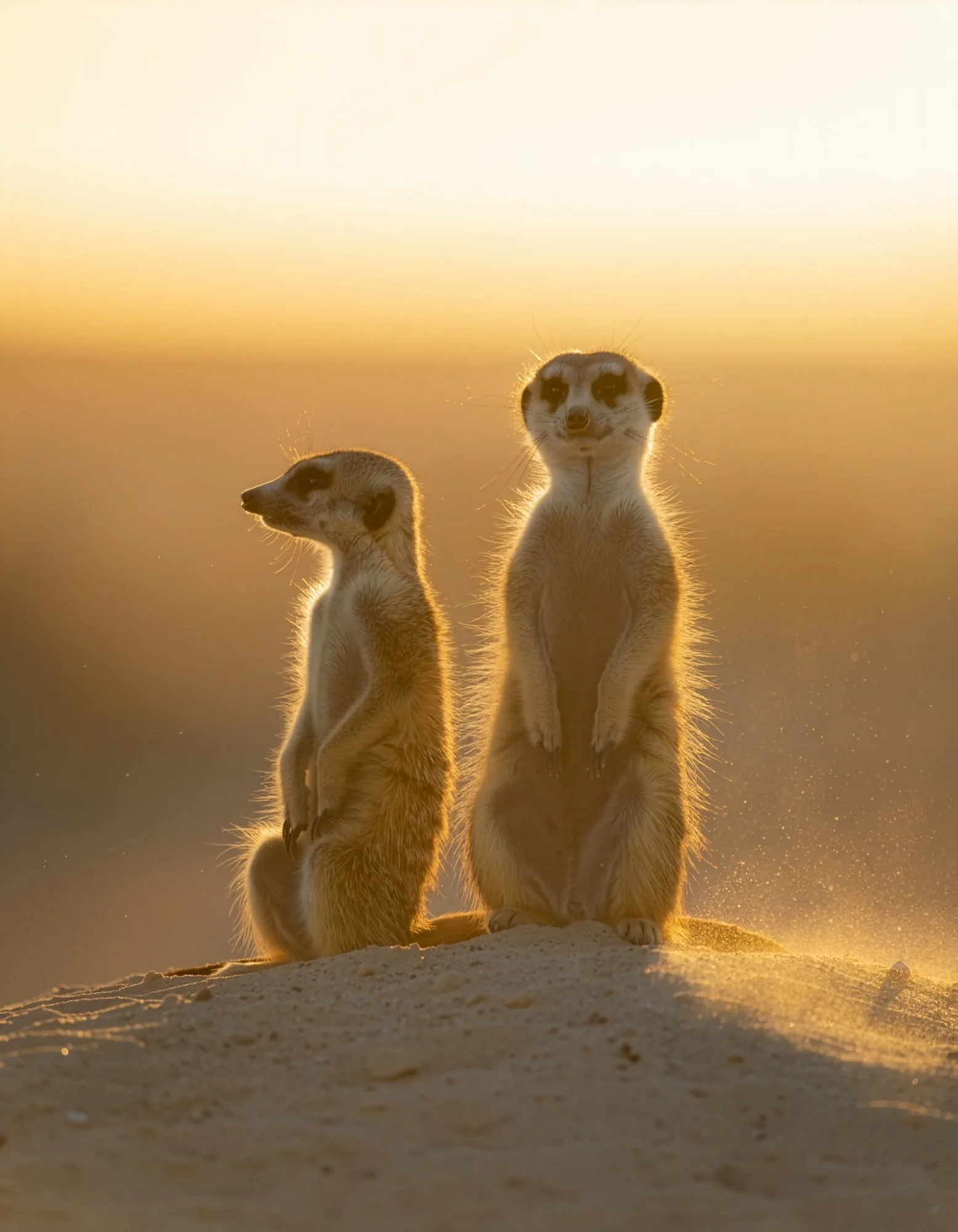AI-generated image of two meerkats standing on a dune against the setting sun