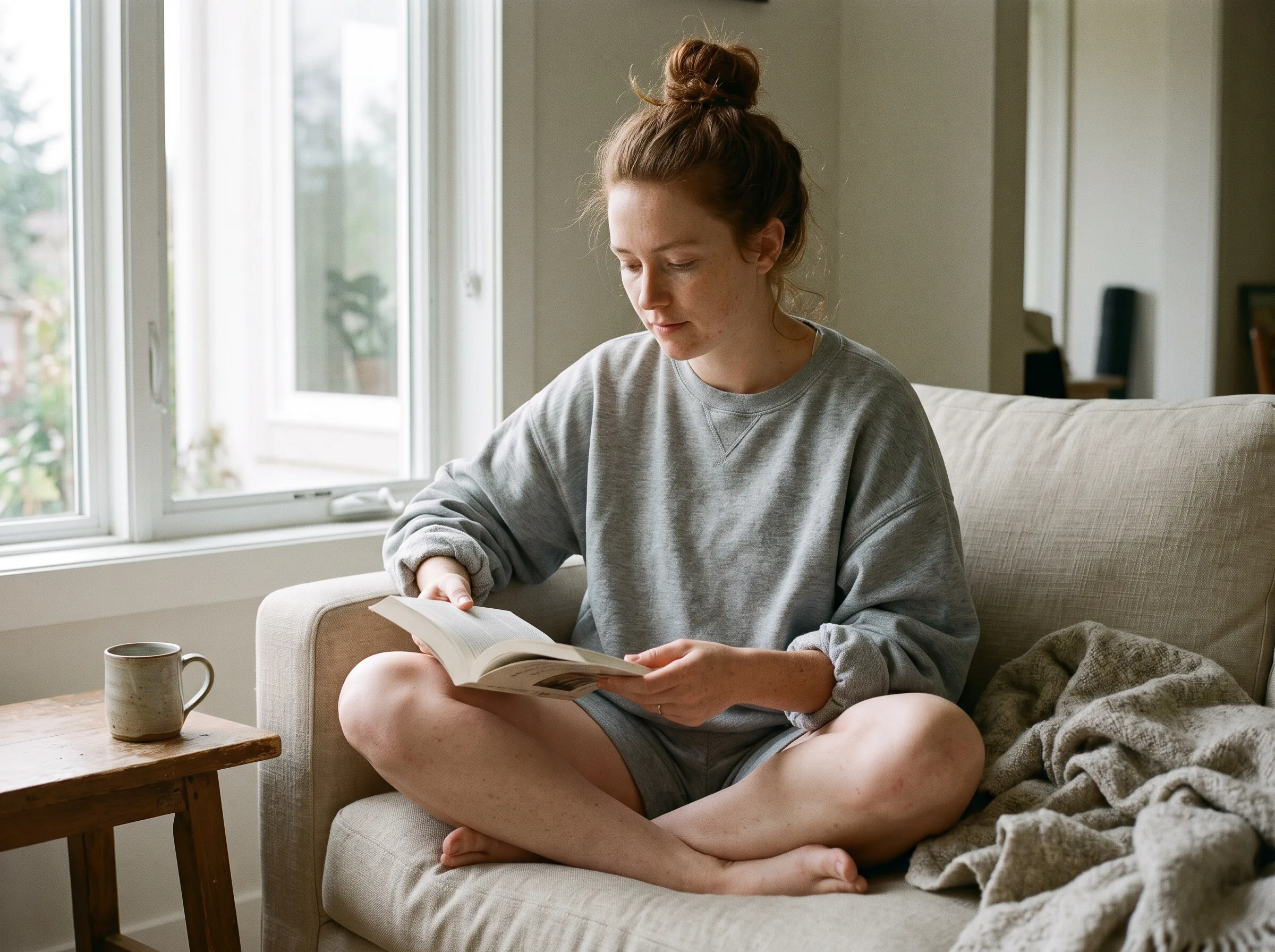 AI-generated image of a woman in a grey sweatshirt reading on a linen sofa