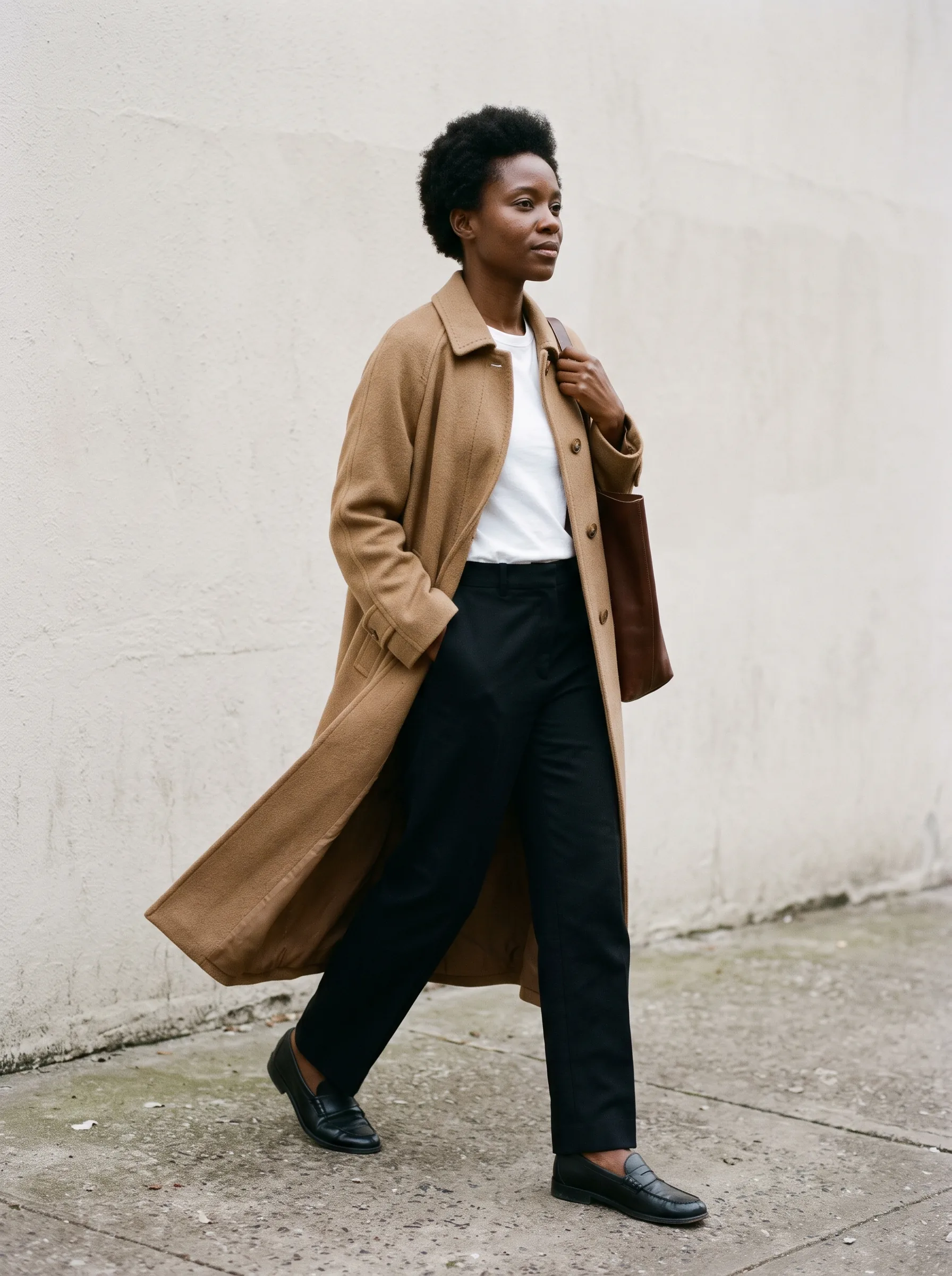 AI-generated image of a woman in a camel coat walking past a pale wall