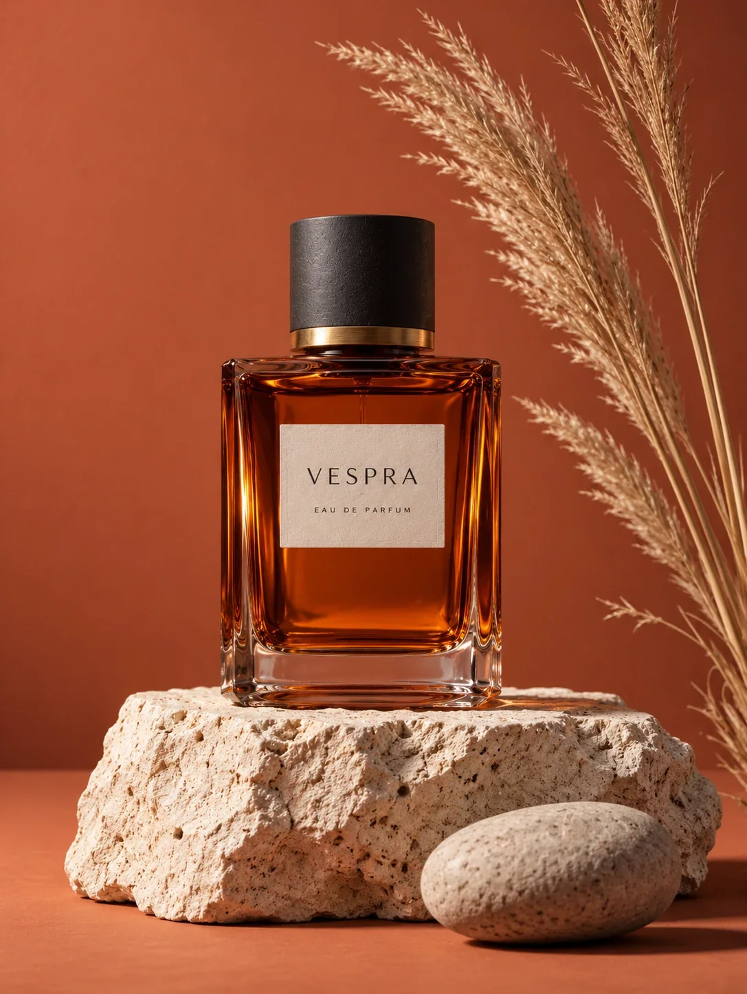 AI-generated still of an amber Vespra perfume bottle on pale stone against a terracotta wall with dried grass