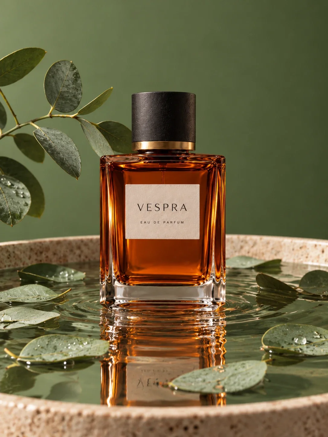 AI-generated still of an amber Vespra perfume bottle standing in a stone basin of water with eucalyptus leaves