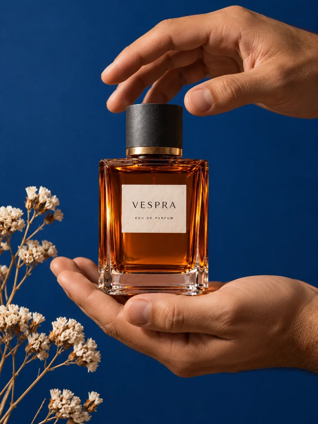 AI-generated still of hands holding an amber Vespra perfume bottle against a cobalt blue wall